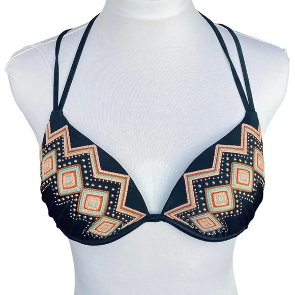 Shade & Shore Bikini Swim Top, 36B, Halter, Black w Studs Embroidery Underwire - Picture 1 of 10